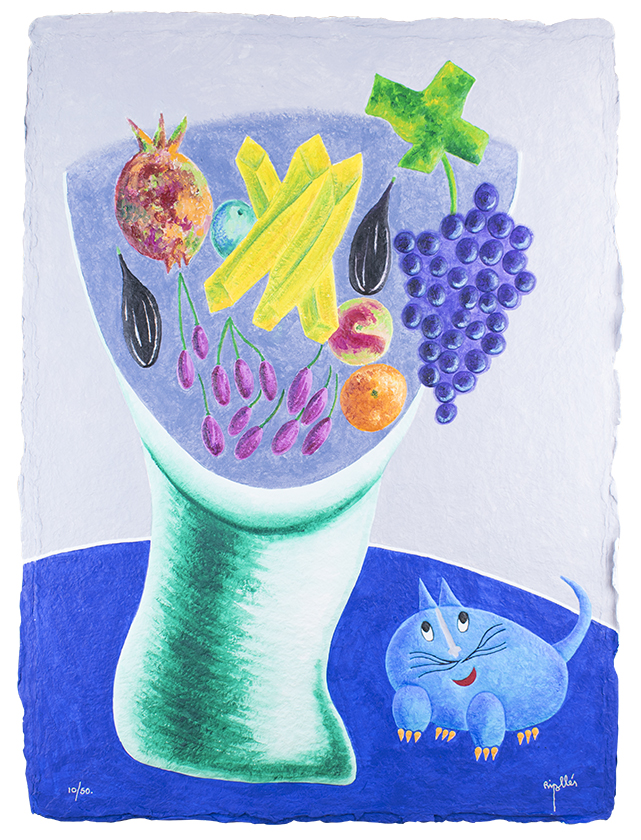 【中文】水果的誘惑 (藍) 【原文】FRUTERO CON GATO AZUL 【尺寸】75x55cm